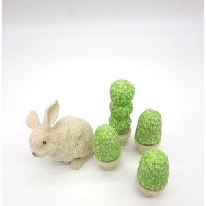 Dept 56 Set Of 4 Shrubs In A Tub Topiary & Snow Bunny Rabbit Figurine